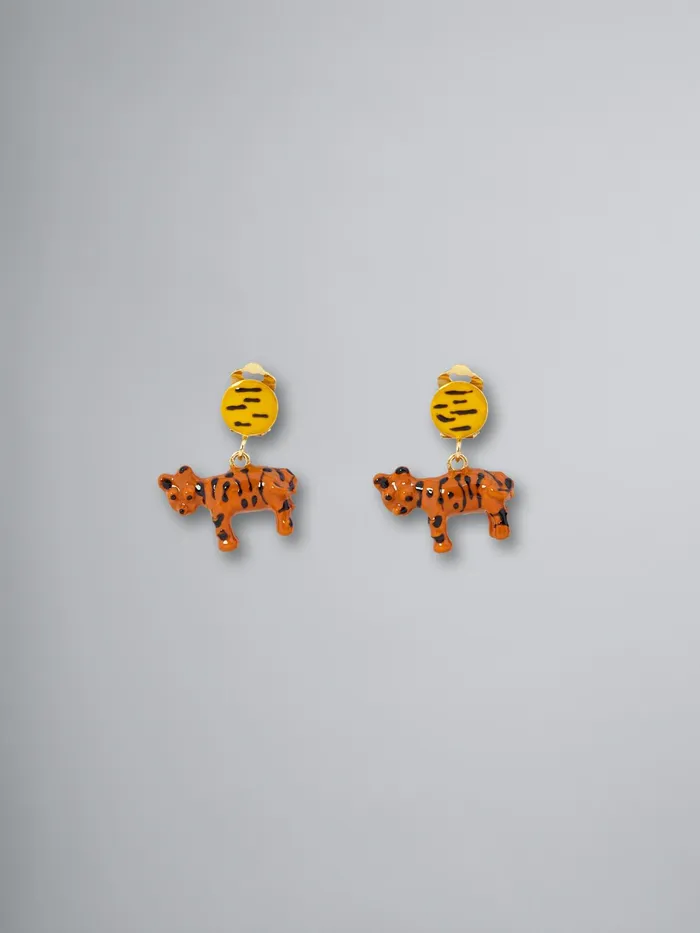 Marni Naif Tiger Clipon Earrings In Metal And Resin Orange Womens Earrings
