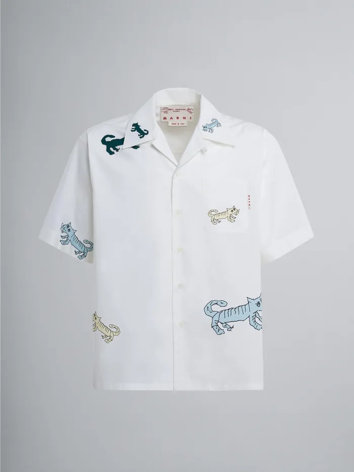 Marni Naif Tiger Print Poplin Shirt Lily White Mens Shirts
