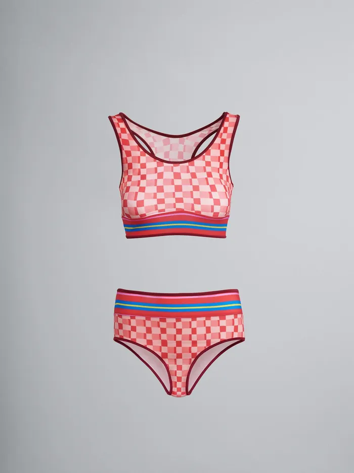 Marni Pink Iconic Damier Print Stretch Fabric Bikini Crocus Womens Beachwear