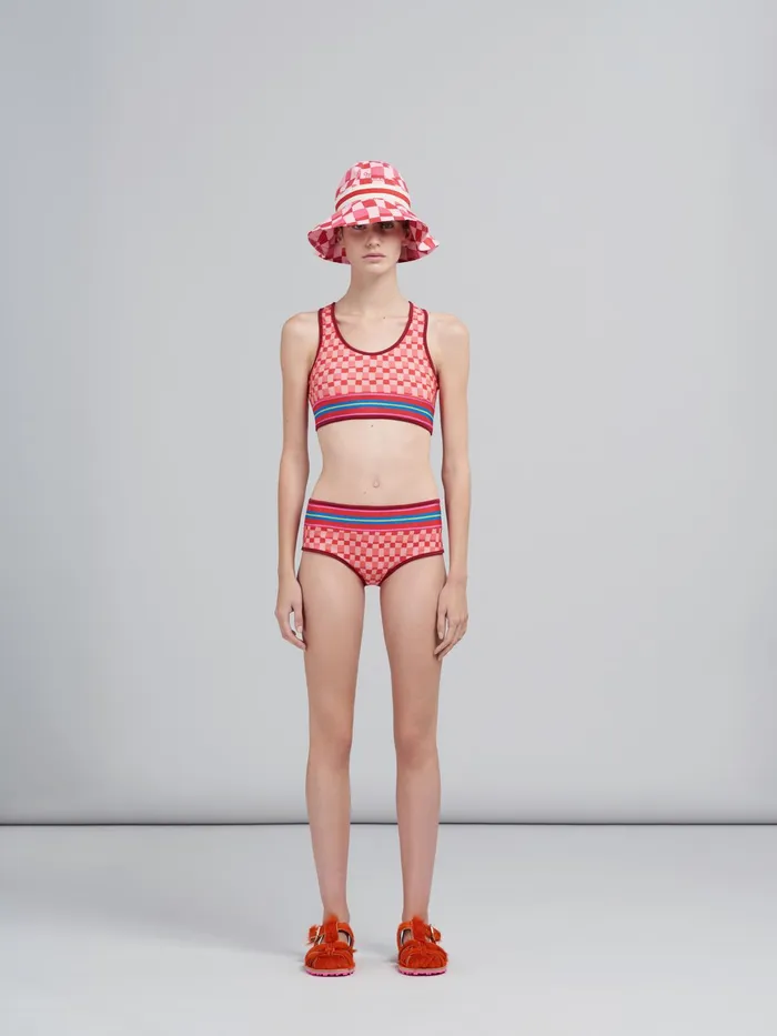 Marni Pink Iconic Damier Print Stretch Fabric Bikini Crocus Womens Beachwear Marni Pink Iconic Damier Print Stretch Fabric Bikini Crocus Womens Beachwear