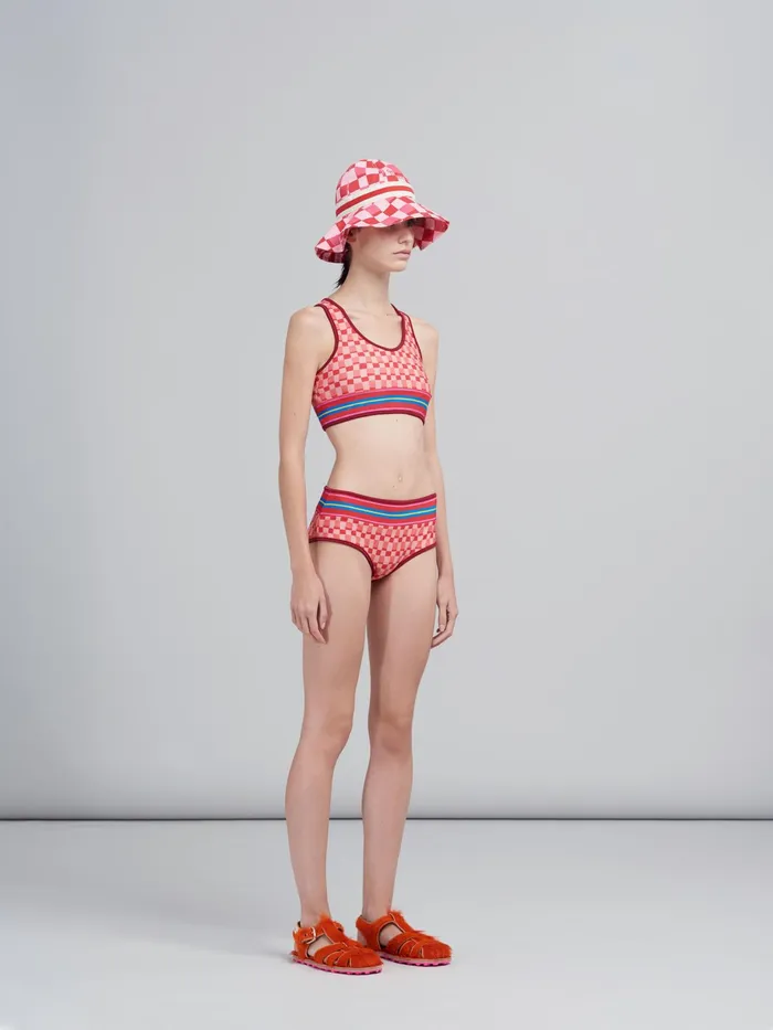Marni Pink Iconic Damier Print Stretch Fabric Bikini Crocus Womens Beachwear Marni Pink Iconic Damier Print Stretch Fabric Bikini Crocus Womens Beachwear