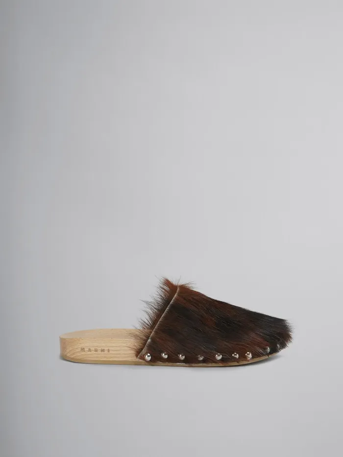 Marni Spotted Long Calf Hair Wood Sabot White Womens Flats