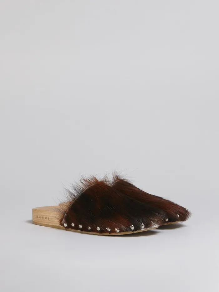 Marni Spotted Long Calf Hair Wood Sabot White Womens Flats Marni Spotted Long Calf Hair Wood Sabot White Womens Flats