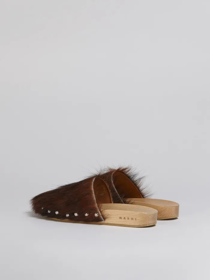 Marni Spotted Long Calf Hair Wood Sabot White Womens Flats Marni Spotted Long Calf Hair Wood Sabot White Womens Flats