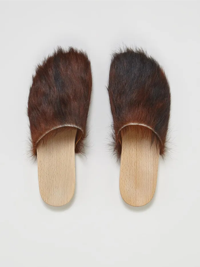 Marni Spotted Long Calf Hair Wood Sabot White Womens Flats Marni Spotted Long Calf Hair Wood Sabot White Womens Flats