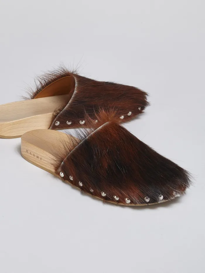 Marni Spotted Long Calf Hair Wood Sabot White Womens Flats Marni Spotted Long Calf Hair Wood Sabot White Womens Flats