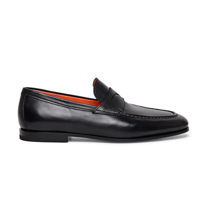 Men Black Leather Penny Loafer Santoni Loafers