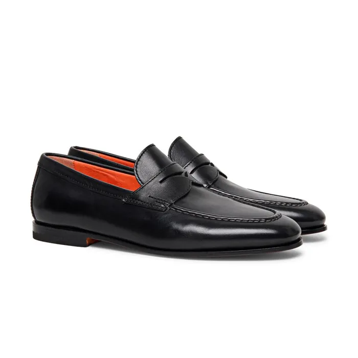 Men Black Leather Penny Loafer Santoni Loafers