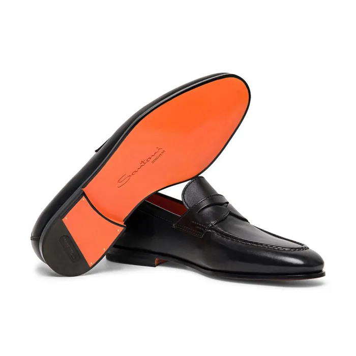 Men Black Leather Penny Loafer Santoni Loafers