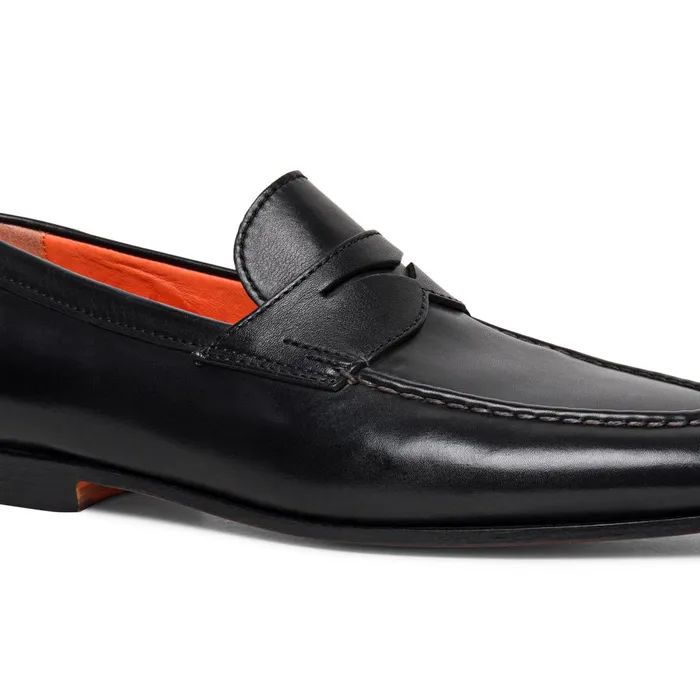 Men Black Leather Penny Loafer Santoni Loafers