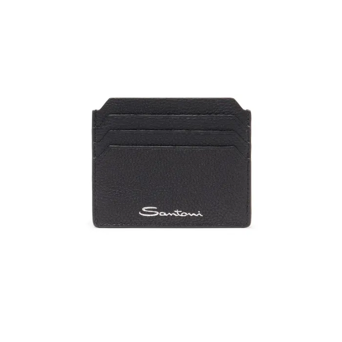Men Black Tumbled Leather Credit Card Holder Santoni Small Leather Goods