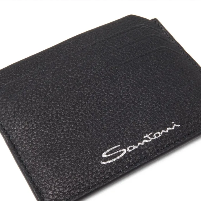 Men Black Tumbled Leather Credit Card Holder Santoni Small Leather Goods