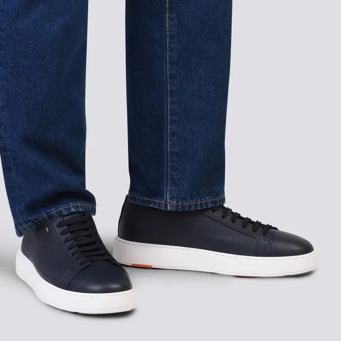 Men Blue Tumbled Leather Sneaker Santoni Sneakers