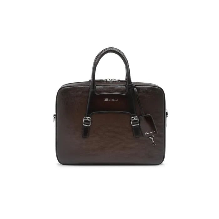 Men Brown Embossed Leather Briefcase Santoni Bags and Backpacks