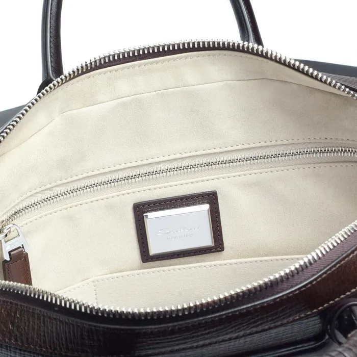Men Brown Embossed Leather Briefcase Santoni Bags and Backpacks