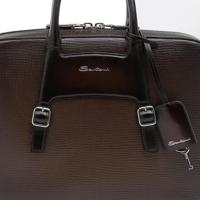 Men Brown Embossed Leather Briefcase Santoni Bags and Backpacks