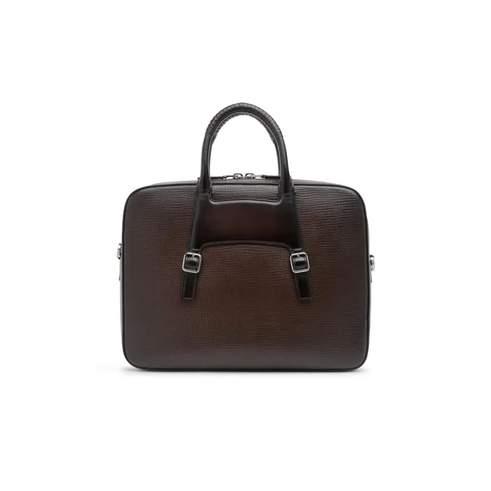 Men Brown Embossed Leather Briefcase Santoni Bags and Backpacks
