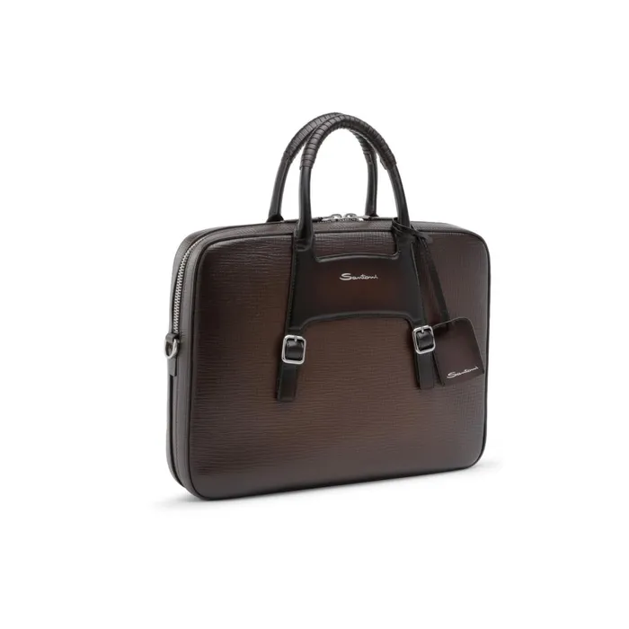 Men Brown Embossed Leather Briefcase Santoni Bags and Backpacks