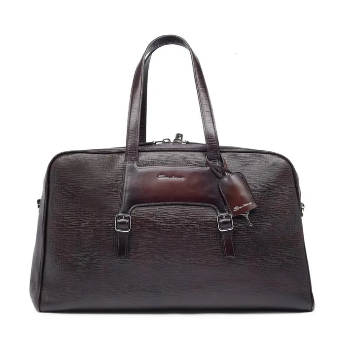 Men Brown Embossed Leather Weekend Bag Santoni Bags and Backpacks