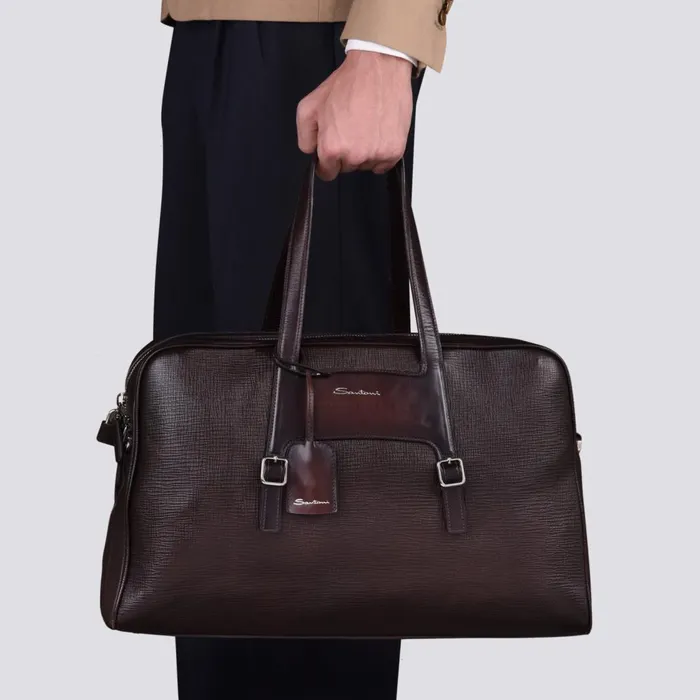Men Brown Embossed Leather Weekend Bag Santoni Bags and Backpacks