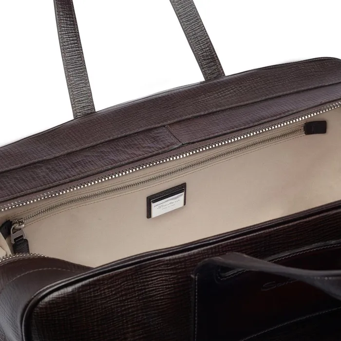 Men Brown Embossed Leather Weekend Bag Santoni Bags and Backpacks