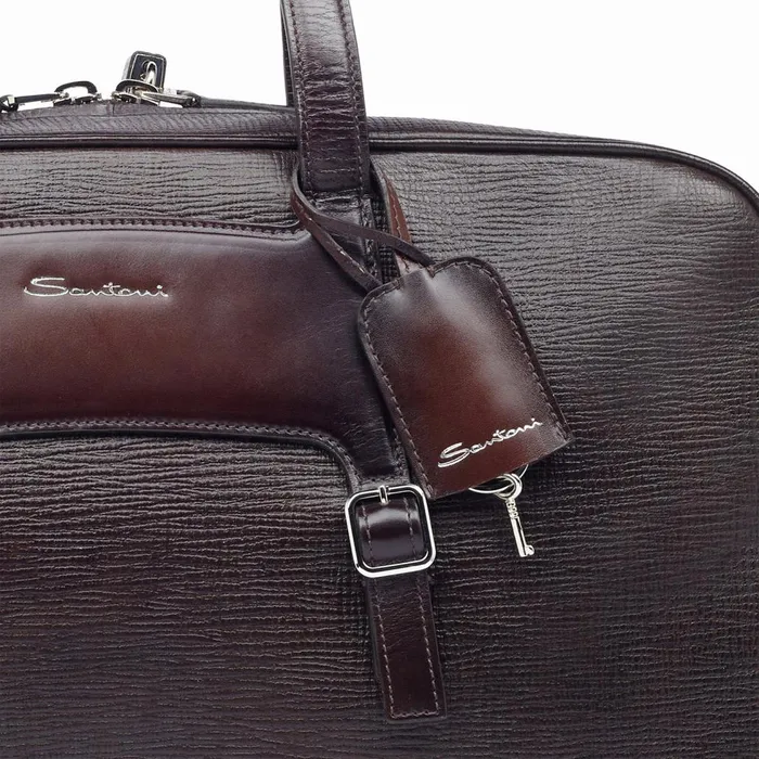 Men Brown Embossed Leather Weekend Bag Santoni Bags and Backpacks