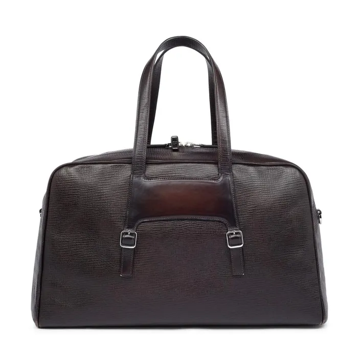 Men Brown Embossed Leather Weekend Bag Santoni Bags and Backpacks