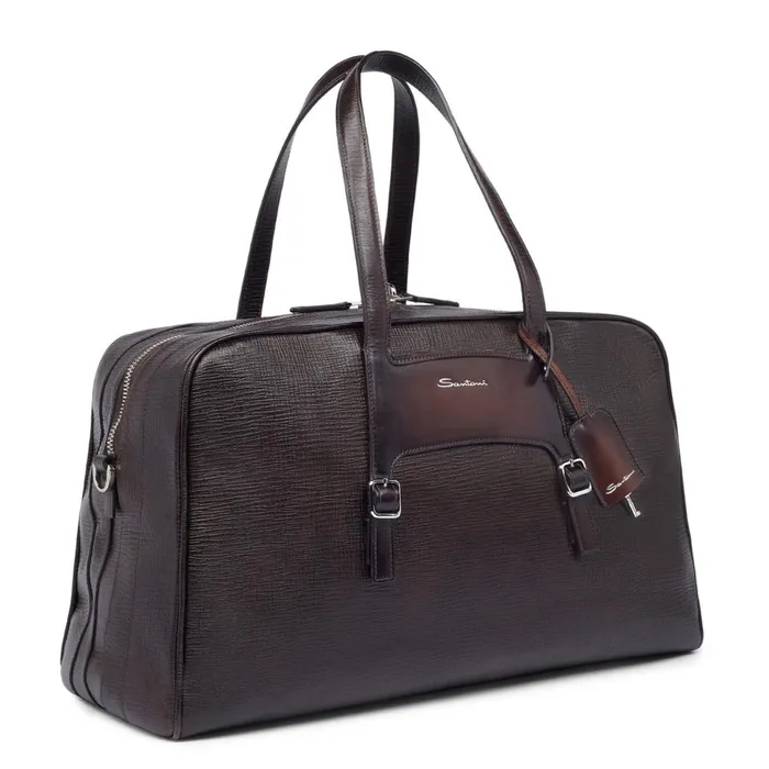 Men Brown Embossed Leather Weekend Bag Santoni Bags and Backpacks