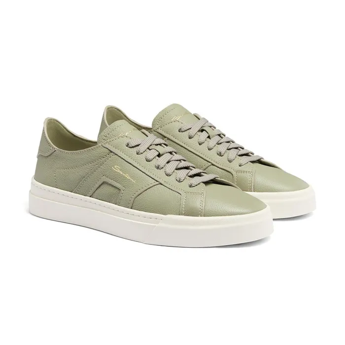 Men Light Green Tumbled Leather Double Buckle Sneaker Santoni Sneakers