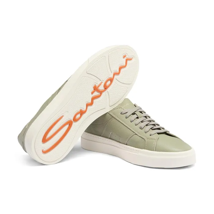 Men Light Green Tumbled Leather Double Buckle Sneaker Santoni Sneakers