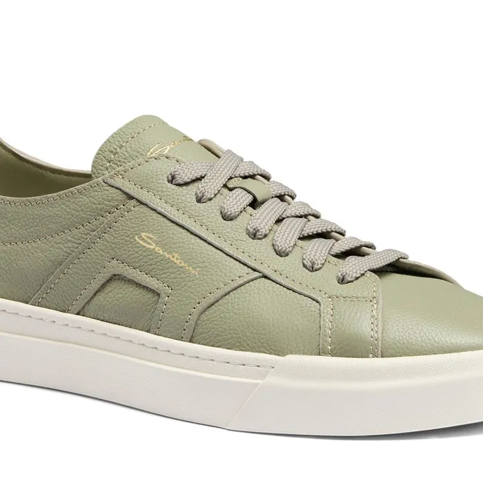 Men Light Green Tumbled Leather Double Buckle Sneaker Santoni Sneakers
