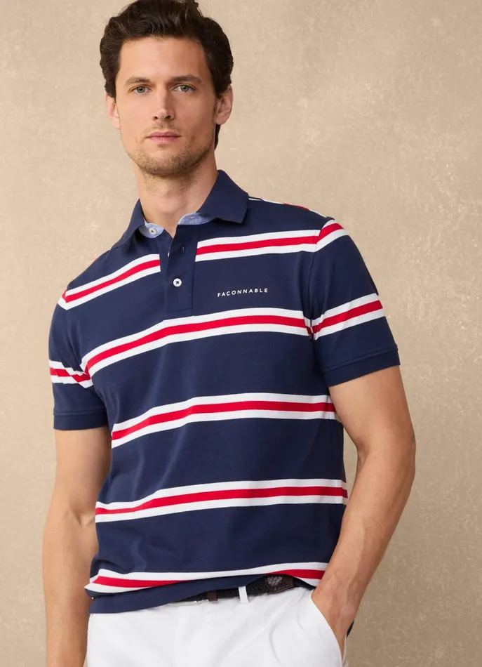 Men Polo Shirts Faonnable Regular Fit Regimental Striped Pima Polo Poster Red