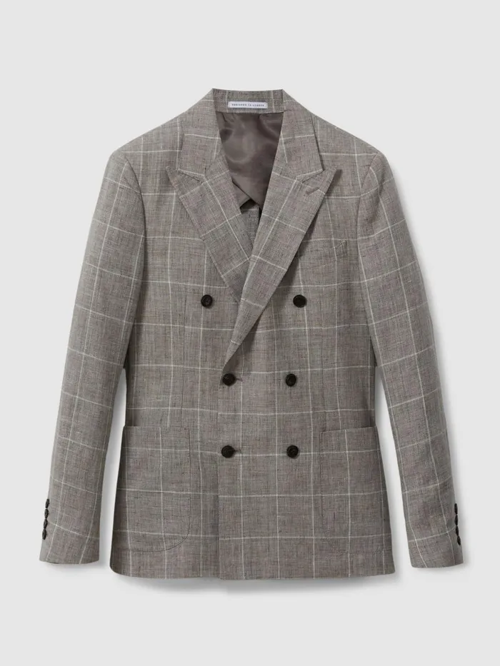 Men Reiss Blazers Burgess Linen Double Breasted Check Blazer Light Taupe