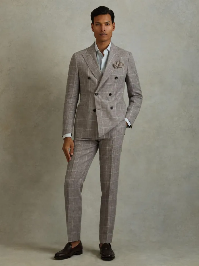 Men Reiss Blazers Burgess Linen Double Breasted Check Blazer Light Taupe