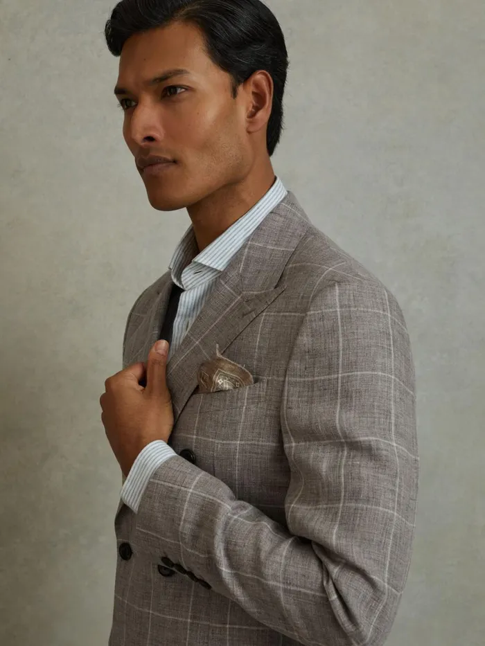 Men Reiss Blazers Burgess Linen Double Breasted Check Blazer Light Taupe