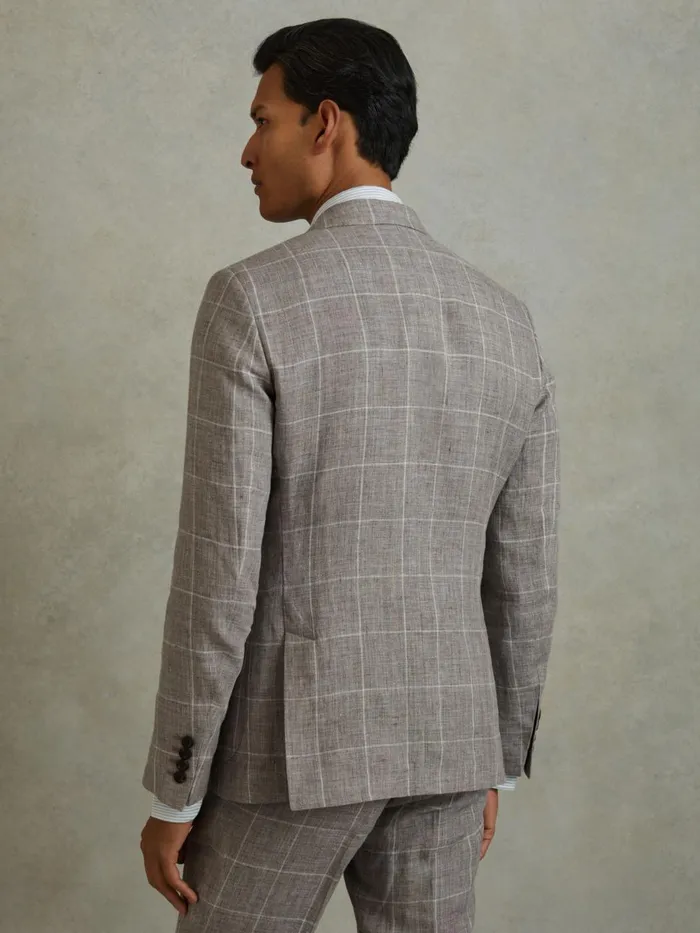 Men Reiss Blazers Burgess Linen Double Breasted Check Blazer Light Taupe
