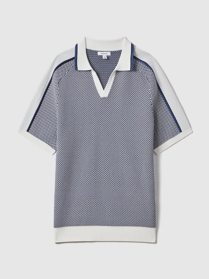 Men Reiss Knitwear Brunswick Geometric Design OpenCollar Shirt Airforce Blue