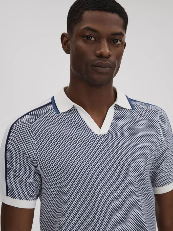 Men Reiss Knitwear Brunswick Geometric Design OpenCollar Shirt Airforce Blue