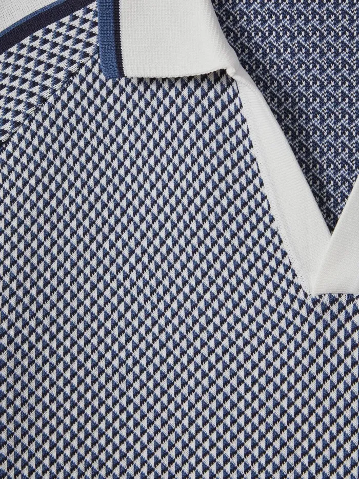Men Reiss Knitwear Brunswick Geometric Design OpenCollar Shirt Airforce Blue