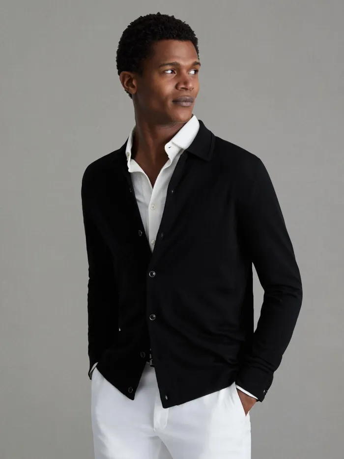 Men Reiss Knitwear Forbes Merino Wool ButtonThrough Cardigan Black