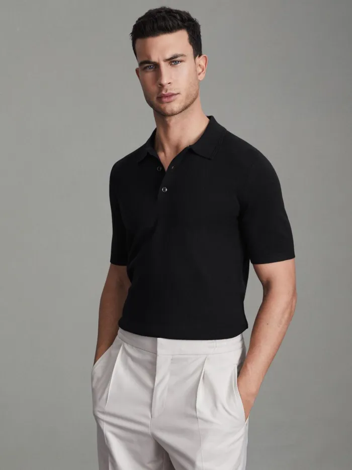 Men Reiss Knitwear Manor Slim Fit Merino Wool Polo Shirt Navy