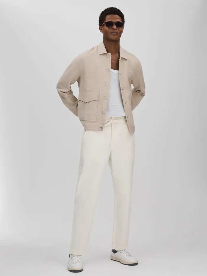 Men Reiss Pants London Cotton Drawstring Trousers Ecru