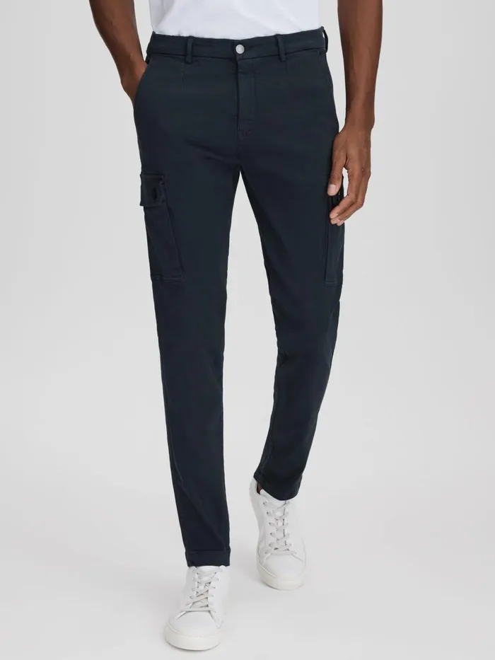 Men Reiss Pants Slim Fit Cargo Trousers Blue