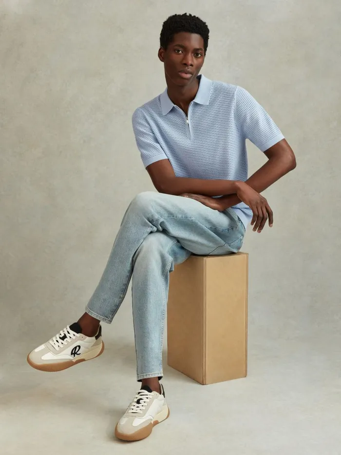Men Reiss Polo Shirts Burnham Cotton Blend Textured Half Zip Polo Shirt Soft Blue Men Reiss Polo Shirts Burnham Cotton Blend Textured Half Zip Polo Shirt Soft Blue