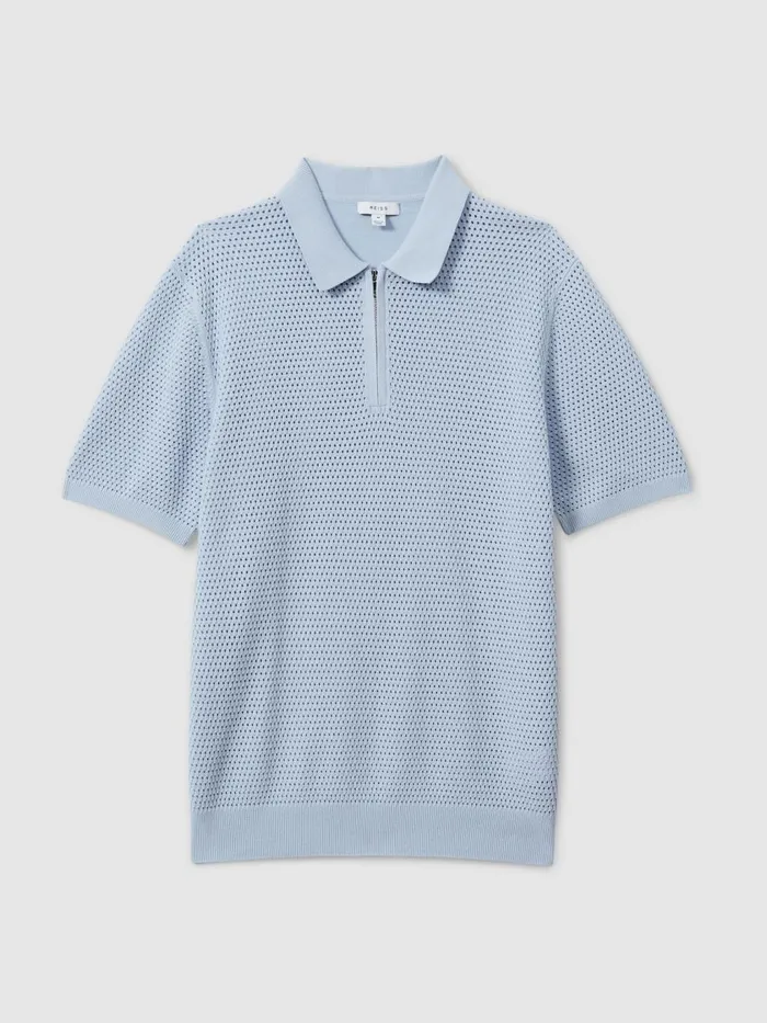 Men Reiss Polo Shirts Burnham Cotton Blend Textured Half Zip Polo Shirt Soft Blue