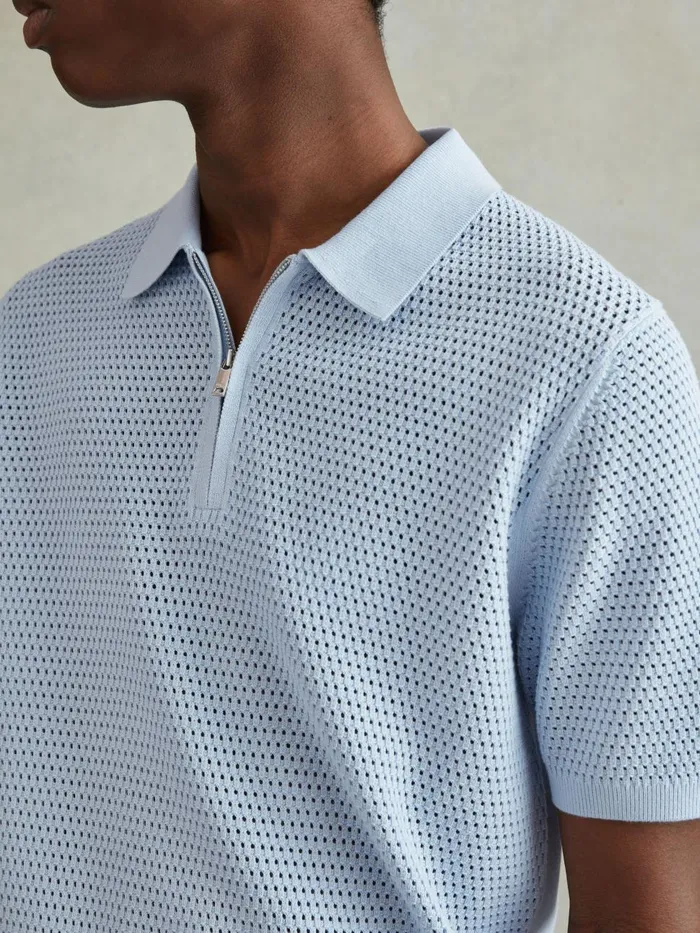 Men Reiss Polo Shirts Burnham Cotton Blend Textured Half Zip Polo Shirt Soft Blue