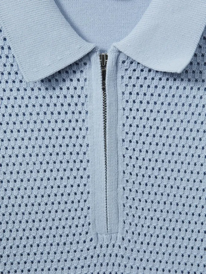 Men Reiss Polo Shirts Burnham Cotton Blend Textured Half Zip Polo Shirt Soft Blue