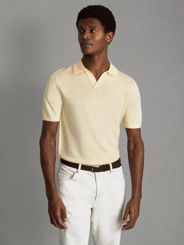 Men Reiss Polo Shirts Duchie Merino Wool Open Collar Polo Shirt Buttermilk Yellow Men Reiss Polo Shirts Duchie Merino Wool Open Collar Polo Shirt Buttermilk Yellow