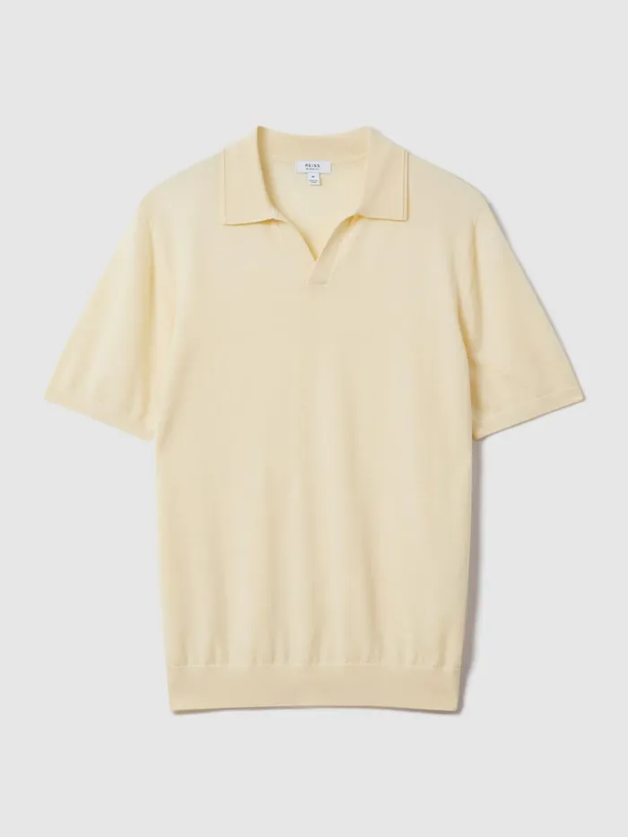 Men Reiss Polo Shirts Duchie Merino Wool Open Collar Polo Shirt Buttermilk Yellow