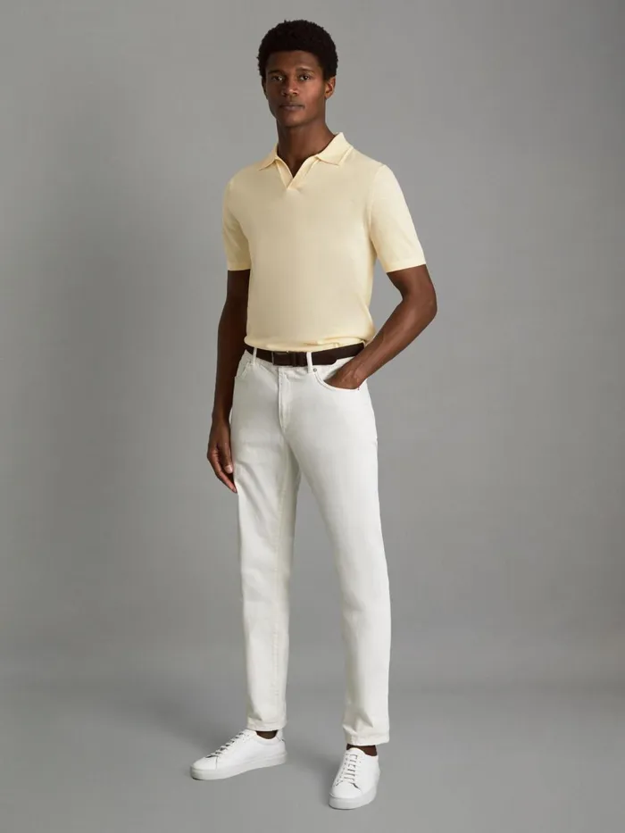 Men Reiss Polo Shirts Duchie Merino Wool Open Collar Polo Shirt Buttermilk Yellow